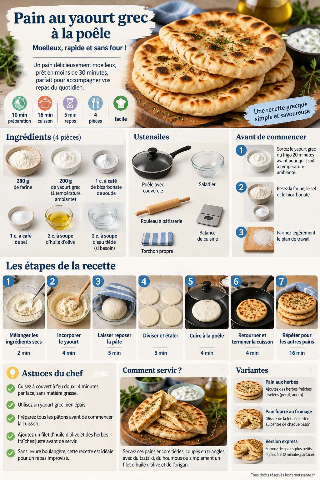 Fiche recette Recette de pain au yaourt grec à la poêle Fiche recette Recette de pain au yaourt grec à la poêle