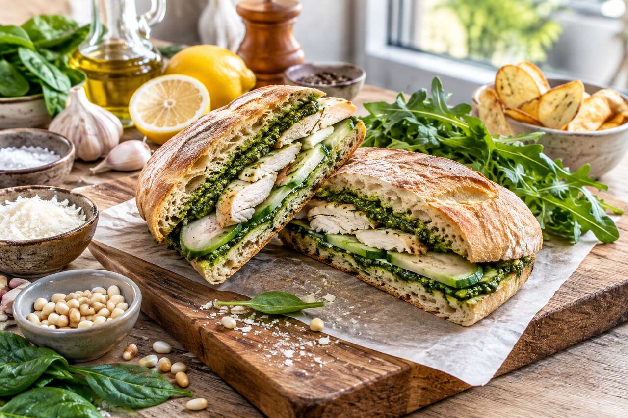 Recette du sandwich au pesto d'épinards, poulet et concombre