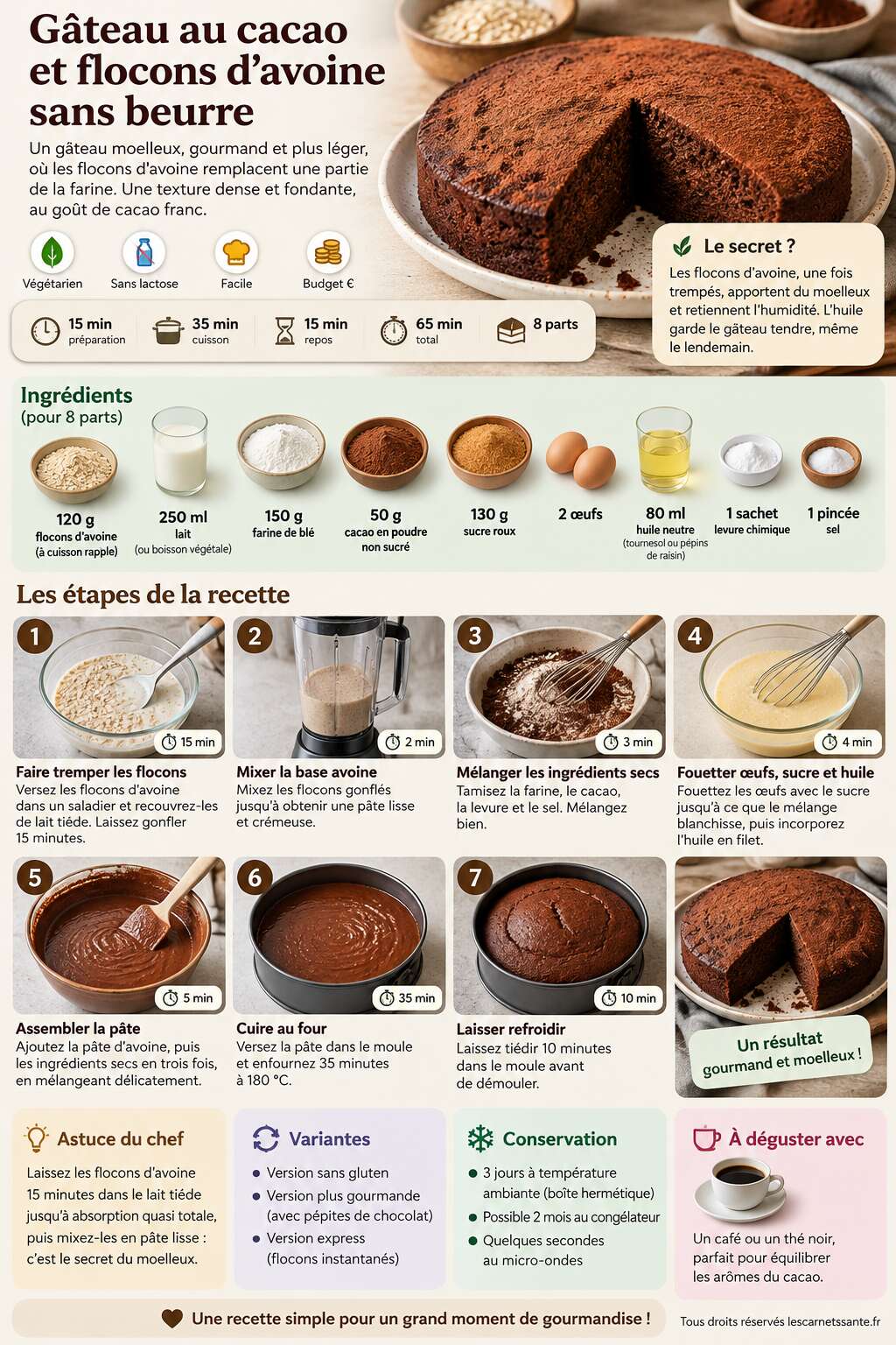 Fiche recette Recette de gâteau au cacao et flocons d'avoine sans beurre Fiche recette Recette de gâteau au cacao et flocons d'avoine sans beurre