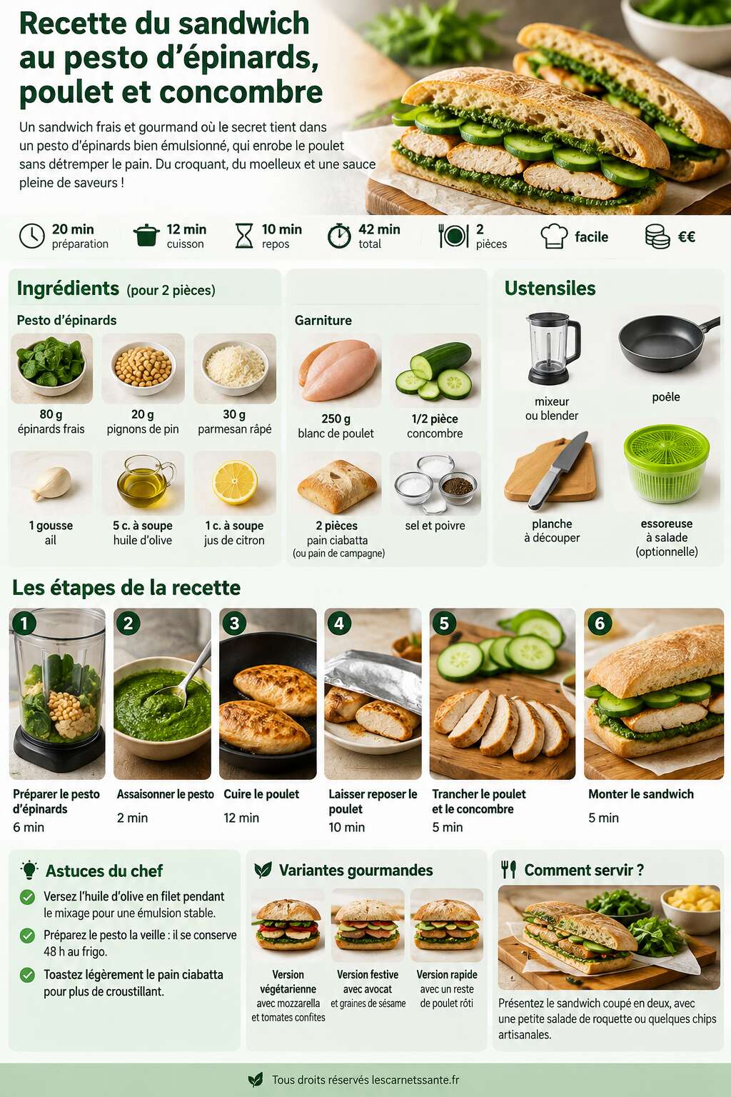 Fiche recette Recette du sandwich au pesto d'épinards, poulet et concombre Fiche recette Recette du sandwich au pesto d'épinards, poulet et concombre