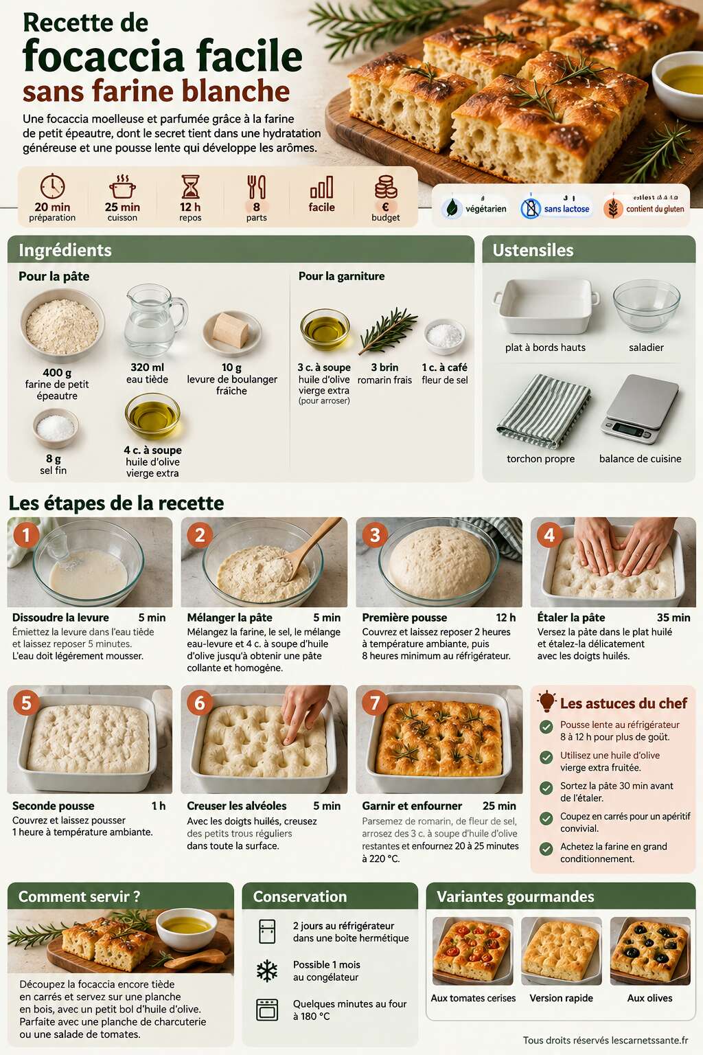 Fiche recette Recette de focaccia facile sans farine blanche Fiche recette Recette de focaccia facile sans farine blanche
