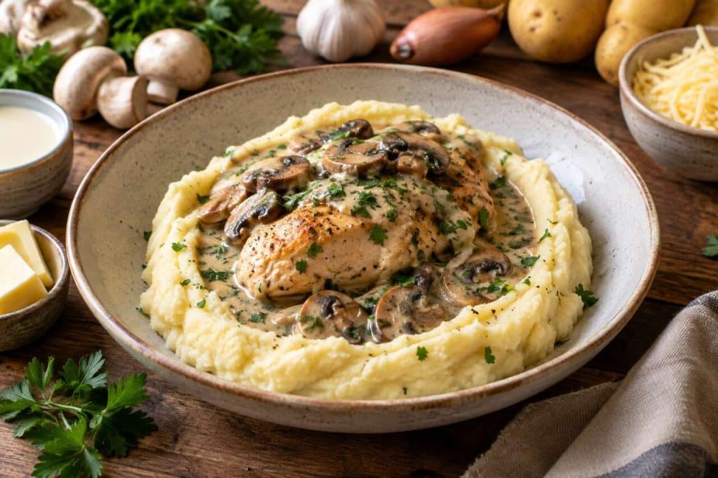 Recette de poulet aux champignons et purée au fromage
