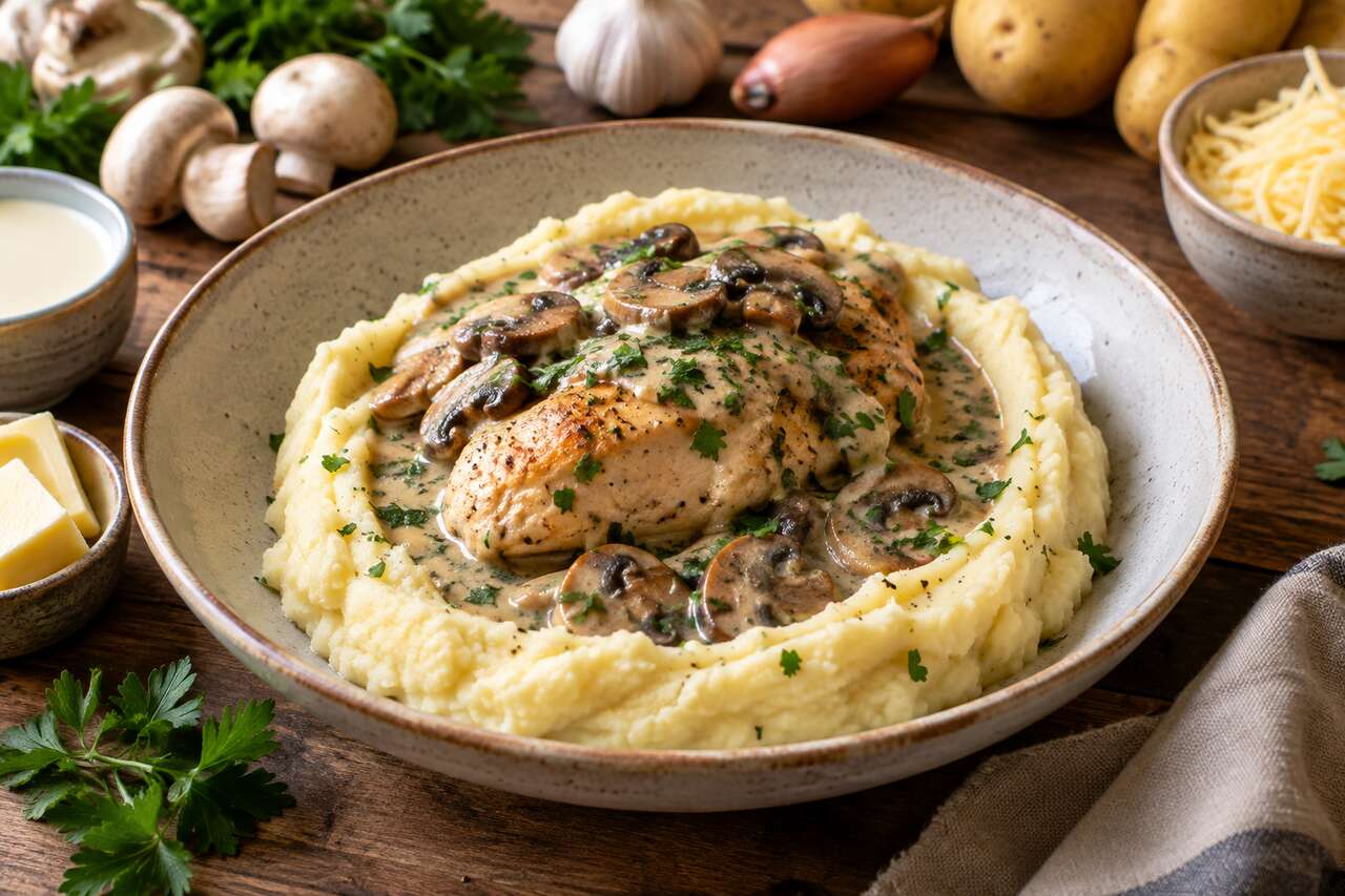 Recette de poulet aux champignons et purée au fromage