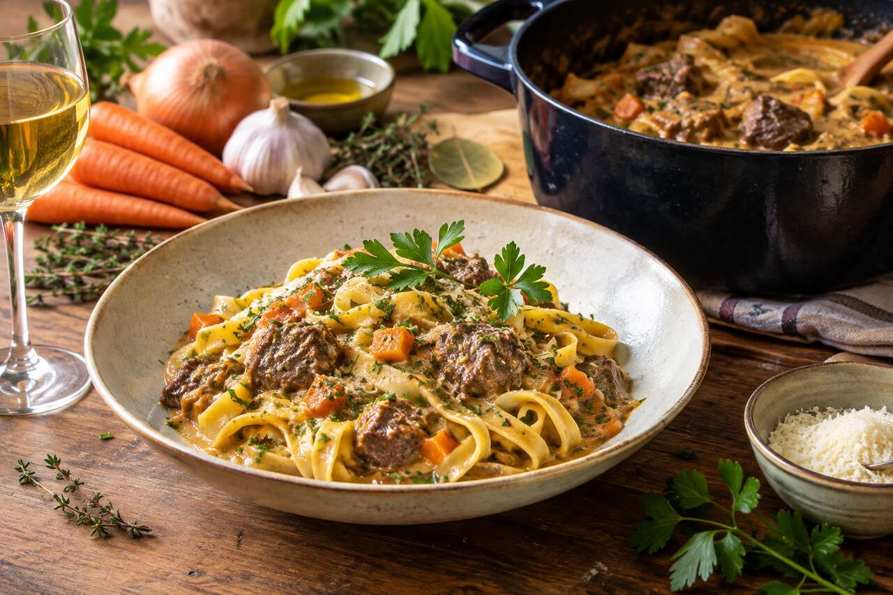 Recette de pâtes au bœuf, carottes et crème