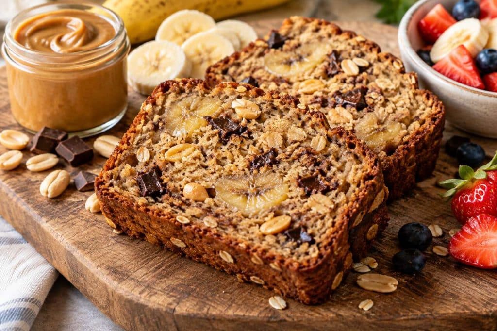 Recette de banana bread aux cacahuètes, avoine et chocolat