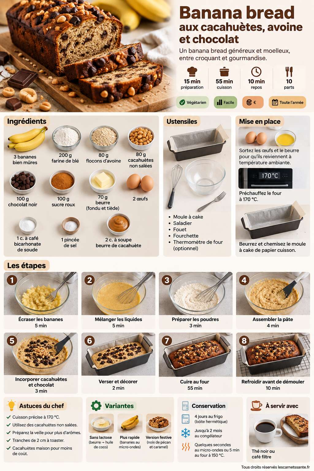 Fiche recette Recette de banana bread aux cacahu&egrave;tes, avoine et chocolat